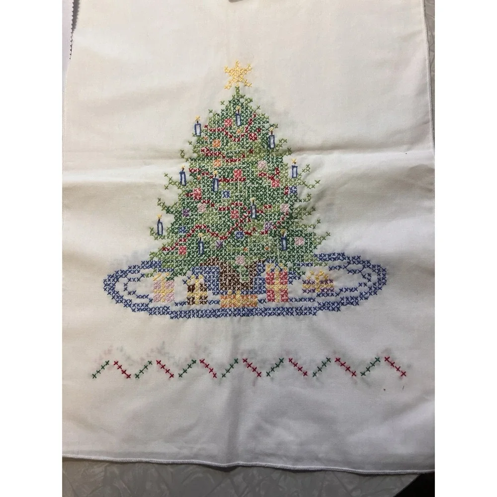 Completed Cross Stitch Christmas Tree Dresser Scarf Table Runner and 4 napkins